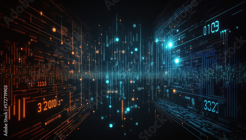 Future  3D rendering of a scientific technology data binary code network conveying connectivity  complexity and data flood of modern digital age. Artificial intelligence. generate IA