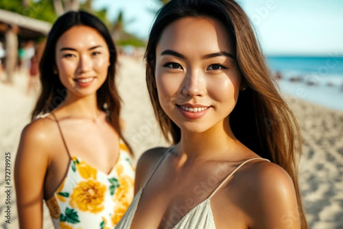 two young girls women on the beach in beach summer dress at a sandy beach, Generative AI