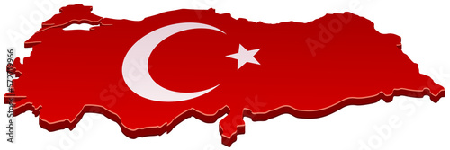 3D map of Turkey in the colors of the Turkish flag with the crescent and the white star on a red background (cut out)