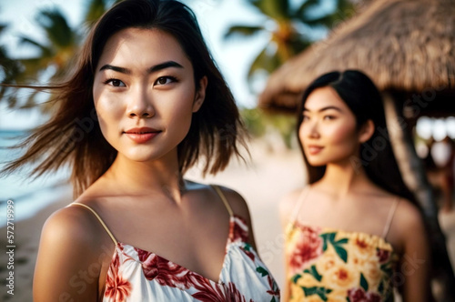 young beautiful asian woman in bikini with a friend at the beach with palm trees, two girls at vacation, Generative AI