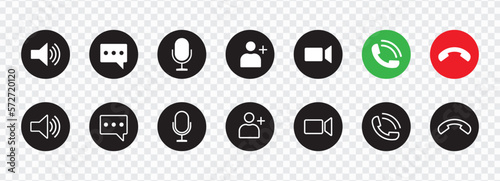  Video call icon set for conferencing and chat UI. Transparent buttons with modern design for video calls and instant messengers. Vector illustration.