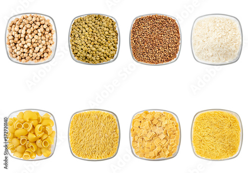 set of various groats in bowls with names cutout on white background. Raw italian pasta in bowl isolated on white background, top view