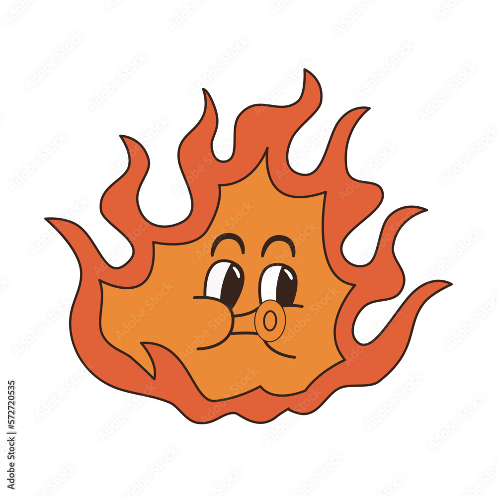 Retro groovy FIRE Sticker in trendy retro 60s 70s cartoon style. Vector illustration in yellow, red colors. Retro groovy FIRE Sticker in trendy retro 60s 70s cartoon style. Vector illustration in yellow, red colors.