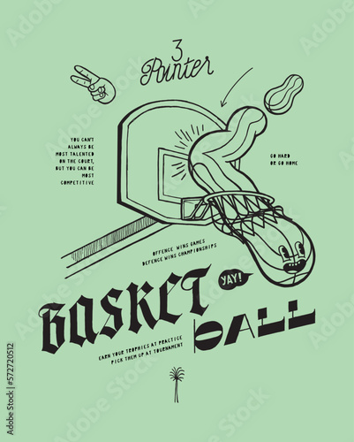 Cartoon Basketball with excited face flying through the hoop bouncing off the backboard. Basketball typography silkscreen t-shirt print vector illustration.