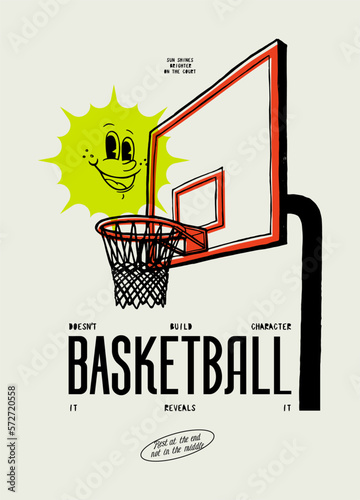 Smiling sun in the basketball hoop. Basketball typography silkscreen t-shirt print vector illustration.
