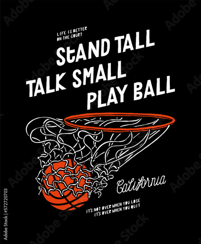 Basketball in hoop. Basketball ball flying through the hoop. Vintage typography basketball silkscreen t-shirt print vector illustration.