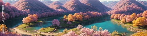 Sakura, park, mountain rivers. Wide format, large image size. AI