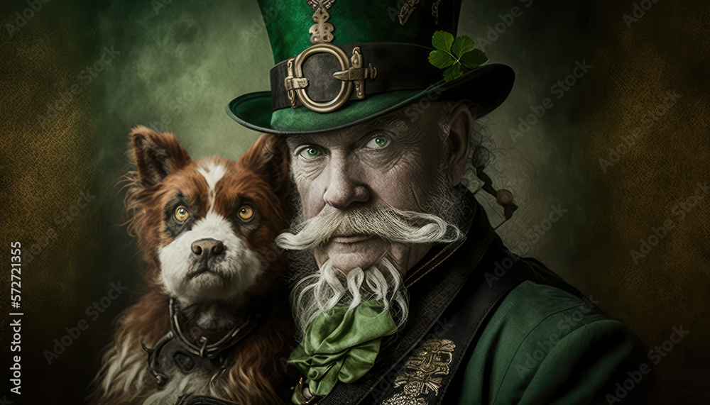 celebration of Saint Patrick' Day.cosplay.leprechaun in a top hat with a dog.. generative AI celebration of Saint Patrick' Day.cosplay.leprechaun in a top hat with a dog.. generative AI