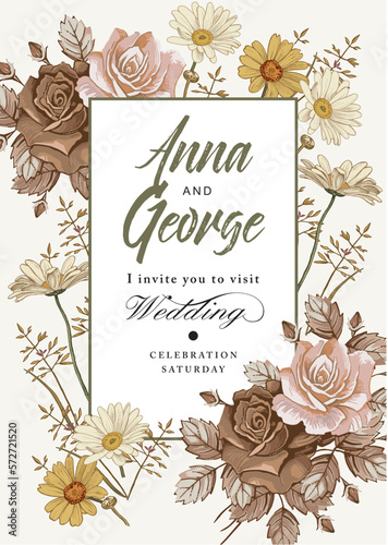 Wedding invitation marriage. Beautiful roses flowers. Vintage greeting card. Frame. Drawing engraving. Chamomile wildflowers isolated floral. Wallpaper, background. Vector victorian Illustration. 