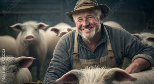 a farmer in the pigsty is standing in front of a happy relaxed pig, Generative AI © wetzkaz