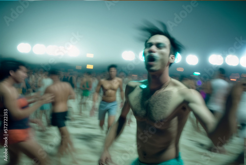 a beach party with a crazy looking or drugged young man dancing, Generative AI © wetzkaz