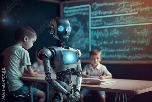 a robot as a humanoid android with artificial intelligence is a teacher in an elementary school, Generative AI
