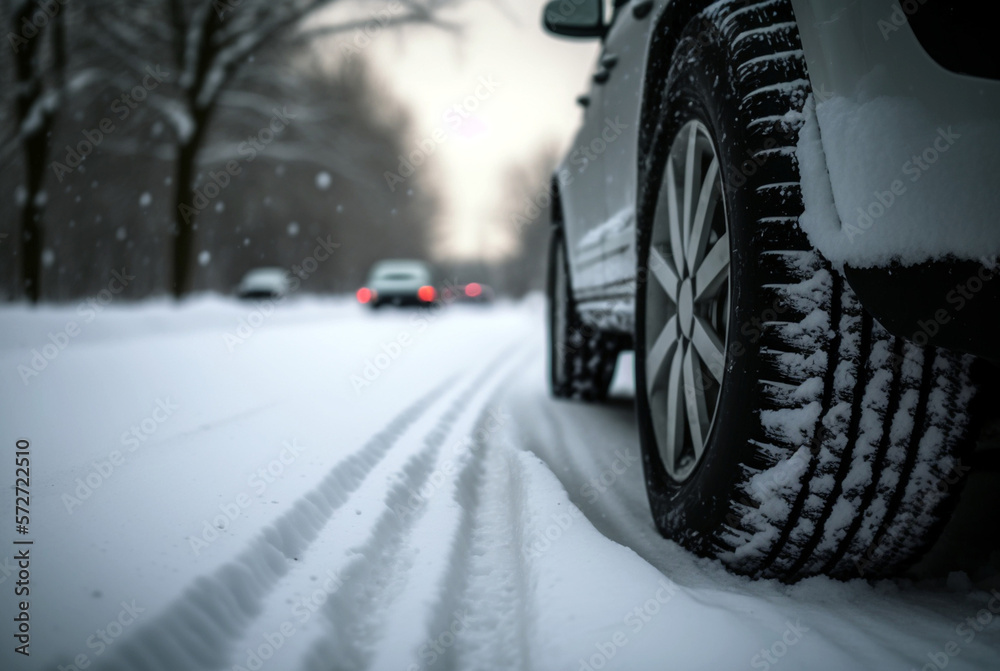 car with winter tires with winter profile in winter, snow and road, Generative AI