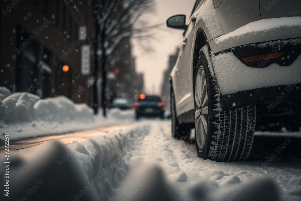car with winter tires with winter profile in winter, snow and road, Generative AI