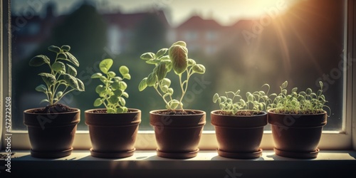 3d Realistic of seedlings on the windowsill in the sunshine. Seedling of plants in pots on windowsill. Planting, urban home balcony gardening concept. Generative AI