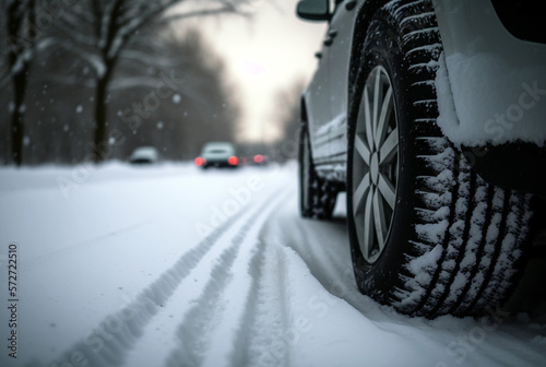 car with winter tires with winter profile in winter, snow and road, Generative AI © wetzkaz