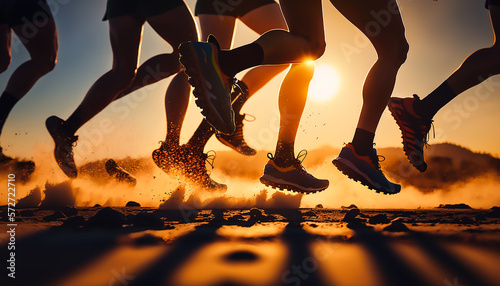 Obraz na plátně close up legs runner group running on sunrise seaside trail, AI generative
