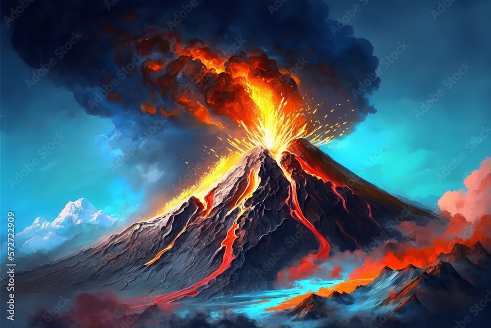 Awe-inspiring sight: volcano spews lava and ash against a blue sky backdrop - Generative AI
