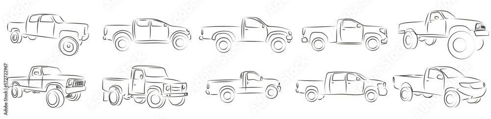 10 Pickup Trucks Zeichnung Lineart Vektor Grafik | Drawning Vector Graphic - obrazy, fototapety, plakaty 