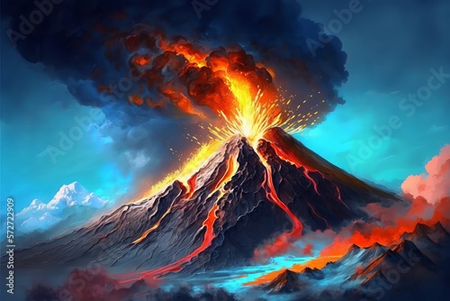 Awe-inspiring sight: volcano spews lava and ash against a blue sky backdrop - Generative AI