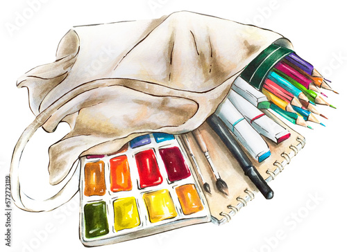 Hand drawn marker sketch. Art shop purchases, artist materials: paint, pencils, brush in a shopping bag. Png illustration on transparent background.