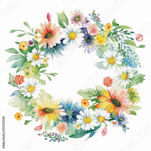 Watercolor wreath made with colorful wildflowers and leaves on white paper background. Good for invitations and greeting or save the date cards. Generative Ai. © lolya1988