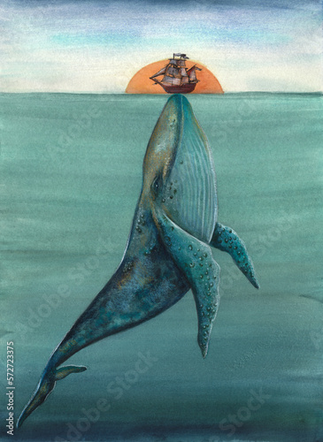 Whale watercolor illustration.