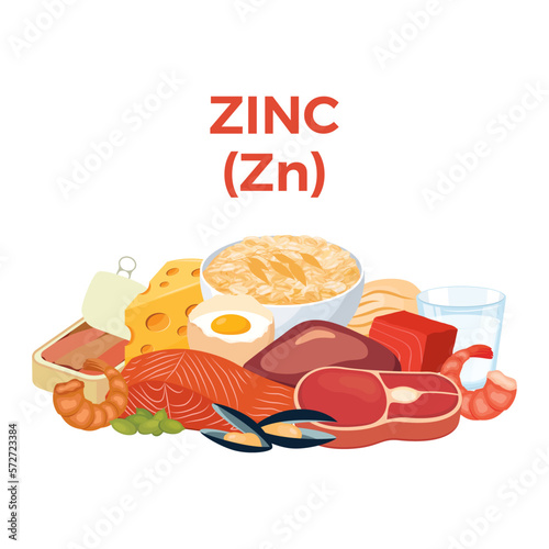 Zinc (Zn) in food icon vector. Zinc food sources vector illustration isolated on a white background. Meat, beef, seafood, mussel, oat, seeds vector. Pile of healthy fresh food drawing