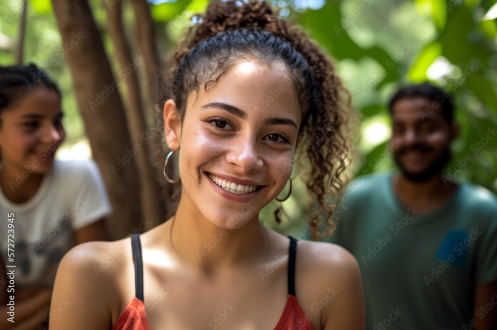 young woman in tropical environment, fictional place like jungle or nature, Generative AI