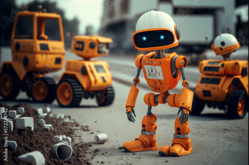 small autonomous humanoid robot with artificial intelligence works on a construction site, road construction, Generative AI © wetzkaz