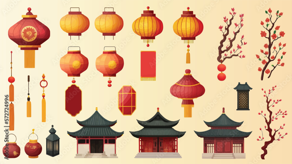 Chinese Lunar New Year Elements Decoration (Lantern, Umbrella, Cherry Blossom Branches) in Set of Vector Chinese Lunar New Year Elements Decoration (Lantern, Umbrella, Cherry Blossom Branches) in Set of Vector