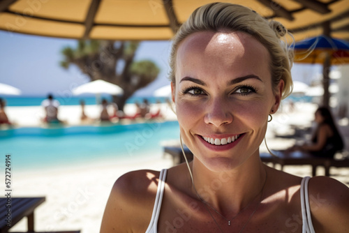 woman at the hotel swimming pool at the beach, fictional location, Generative AI © wetzkaz