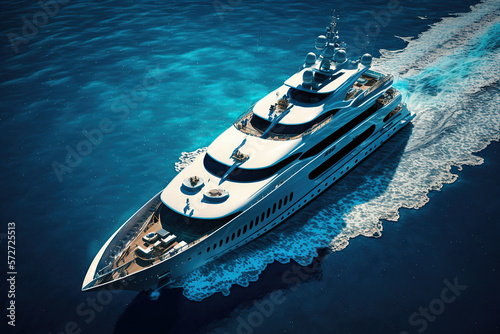 Aerial drone ultra wide photo of luxury yacht cruising in deep blue sea, generative Ai © coco
