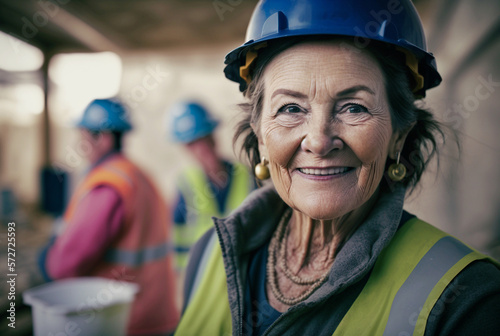 middle aged or old woman working on a construction site, construction helmet and work vest, smiling, Generative AI