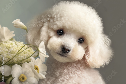 Fotografiet A cute white poodle puppy holds a bouquet of white flowers in its paws