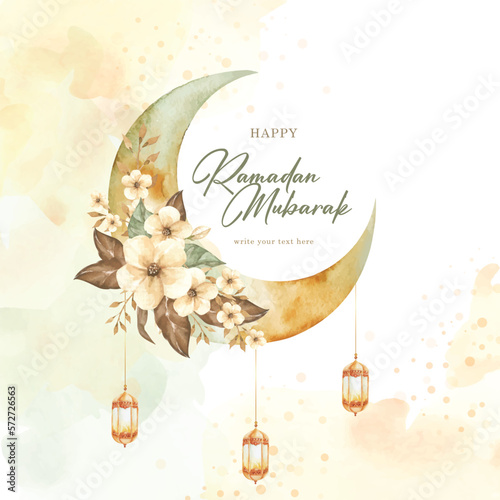 Gold crescent moon painting with flowers ornament on ramadan mubarak greeting card background