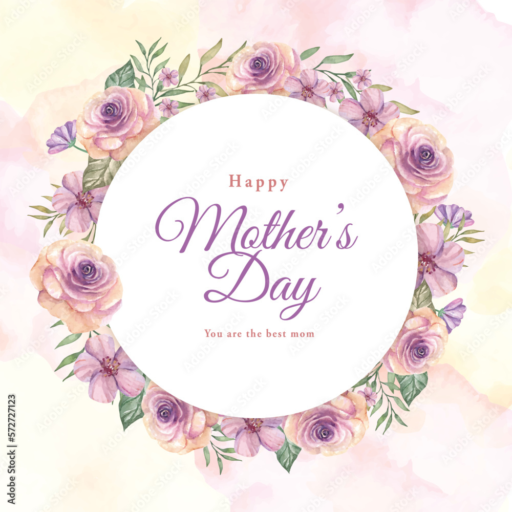 Happy mother's day greeting card on circle frame with watercolor pink flowers