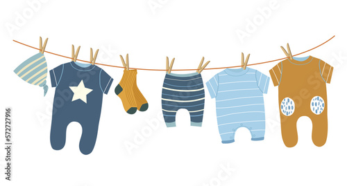 Children's clothes dry on a rope. Clothing for babies. Body, overalls, for boys. Set of clothes icons in flat style isolated on white background. isolated objects.