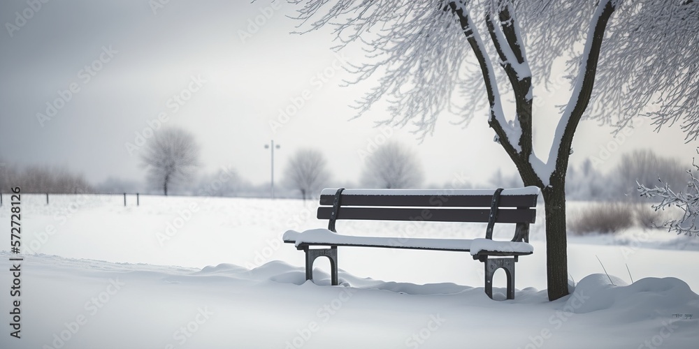snow covered bench. Bench in the park. Generative AI