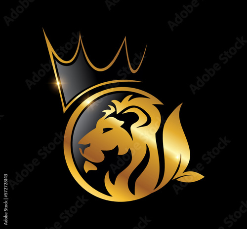 Golden Lion Head with Crown Logo Vector Icon