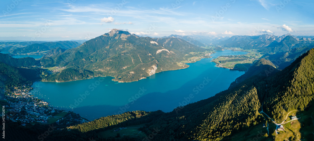 Stunning Aerial Drone View of Lake Wolfgangsee Revel in the Beauty of Austria's Scenic Lake from Above