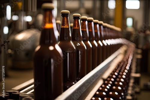 Conveyor with beer bottles  close-up. Generative AI.