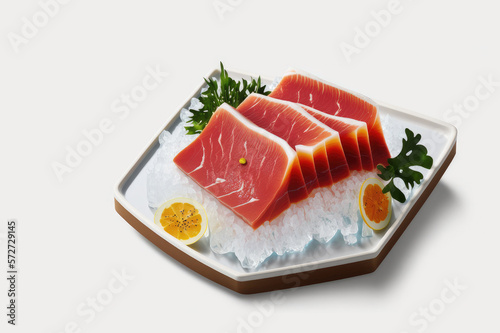 Realistic Thin Slice Sashimi of Kobe Beef With Ice In White Background Generative AI