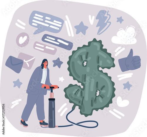Vector illustration of Young girl with pump inflates dollar badge. Financial literacy and earnings metaphor. Novice investor or entrepreneur with income growth.
