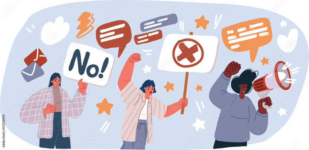Fototapeta premium Vector illustration of Women power protest against gender violence and harassment. Girls diverse team show stop gesture. Female community, sisterhood, activist people together. Women cooperation