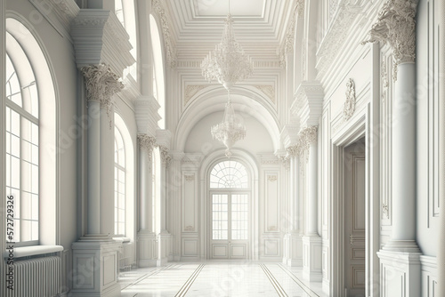 Baroque style grandeur royal aristocratic interior. White, light, and bright hallway with pricey old style furnishings. big windows and wall decorations made of stucco. Generative AI photo