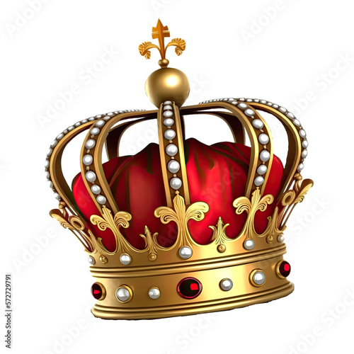 Red king crown. Classic king’s crown isolated on a transparent background. Gold crown with jewels. 