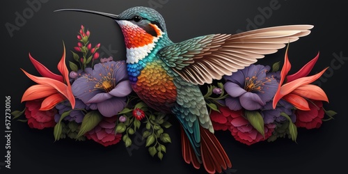 colorful hummingbird on top of beautiful flowers illustration design art
