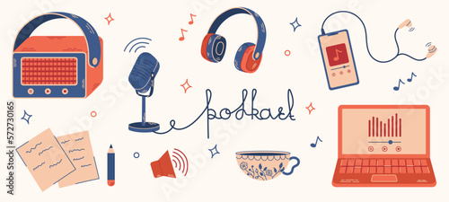 Microphone, music speaker, laptop, headphones, smartphone. Set of illustrations in trendy style for recording and listening podcast, music, speech. Hand drawn cozy illustrations of electronic devices.