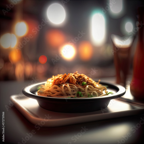 Yakisoba dish made with chicken and vegetables in a restaurant with a blurred background. One of the most popular oriental dishes around the world. 3D realistic illustration. Generative AI